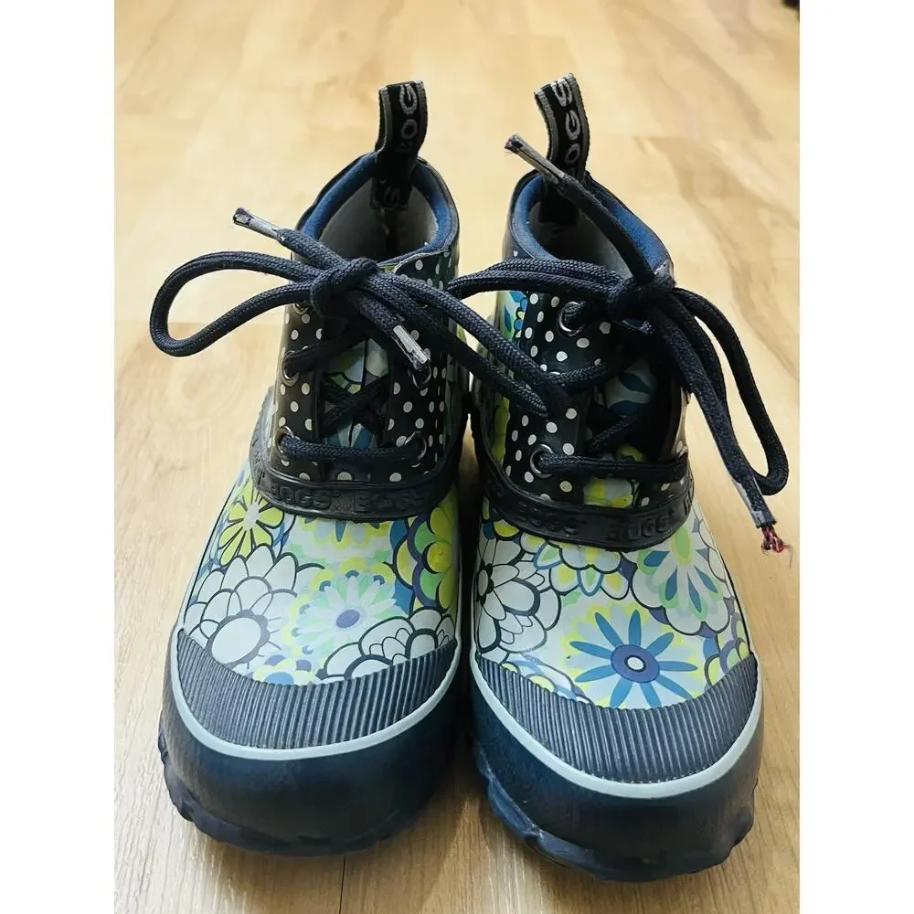 Bogs Charlot Rubber Boot Kids Size 1 Navy Floral. Green flowers. Rain GUC